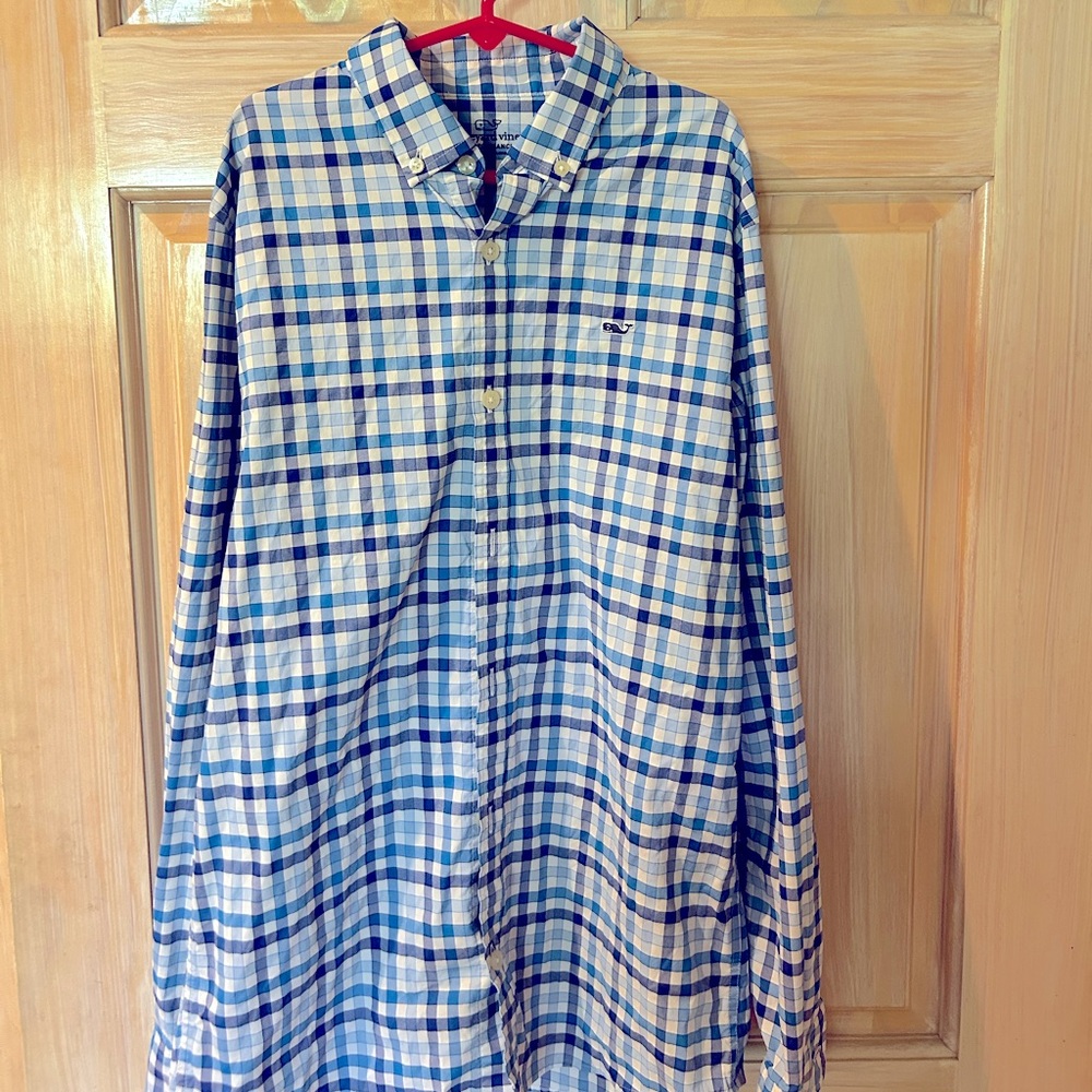 Vineyard Vines Performance Shirt Boys SZ L 16 Blue Plaid Long Sleeve Button Down